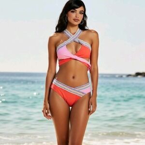 Popvil L Colorblock Bikini Set Pink Coral Rainbow Trim Criss Cross Top Swimwear